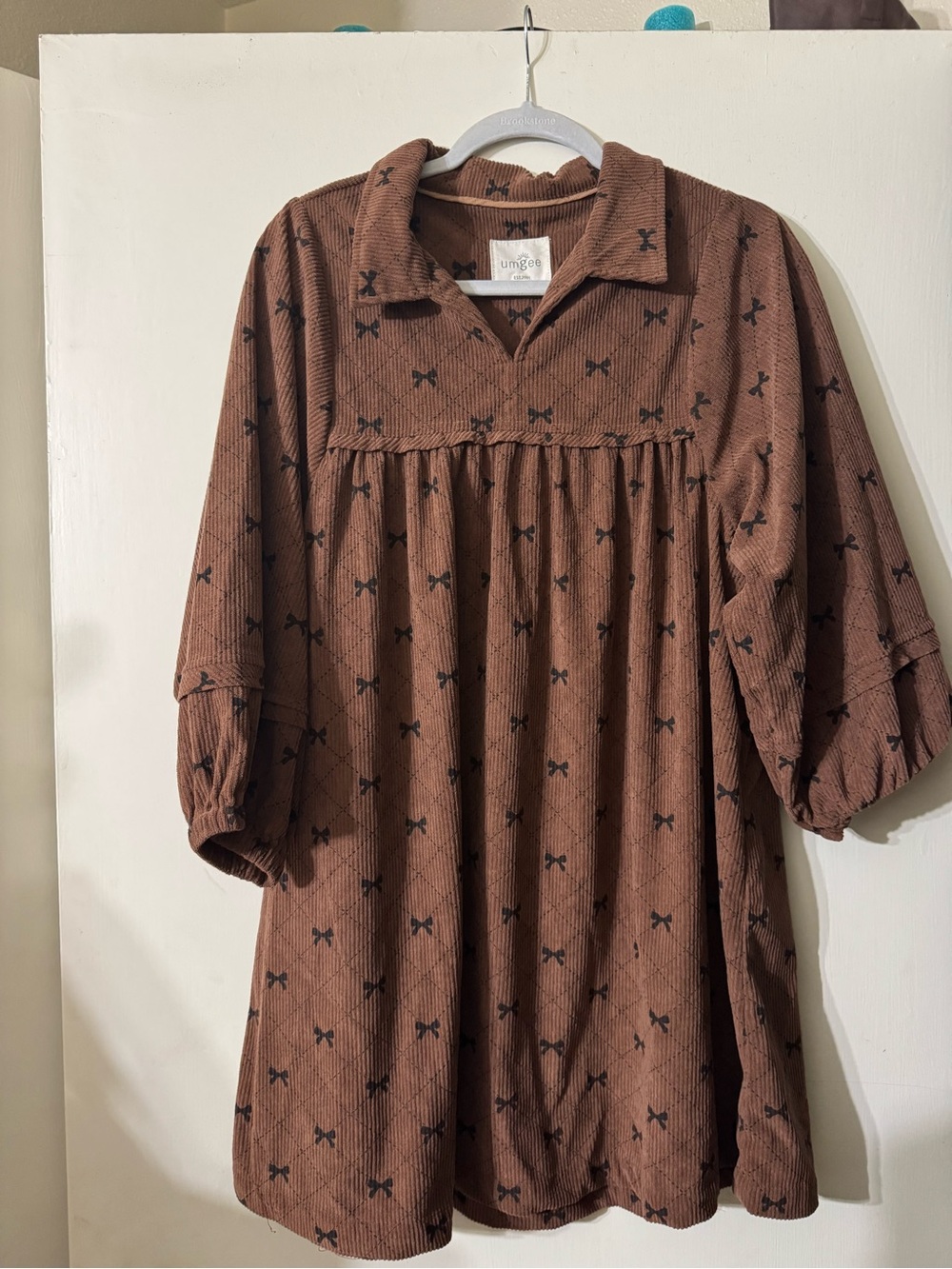 Umgee Brown Corduroy Bow-Print Casual Dress - Picture 1 of 2